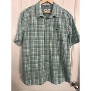 Lake & Trail Mens Large Short Sleeve Collar‎ Shirt Green White Plaid Travel Camp